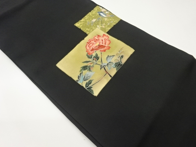 塩瀬金彩手描き色紙に牡丹・鳥模様名古屋帯
